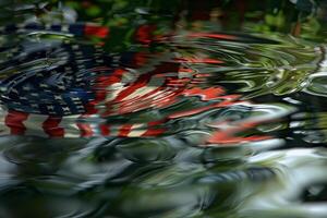 American flag reflected in water with ripples creating a distorted and artistic photo