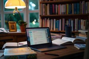 Student Desk with Laptop Mockup Open to Online Course Textbooks and Study Notes Background photo