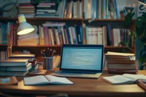 Student Desk with Laptop Mockup Open to Online Course Surrounded by Study Notes and Textbooks photo