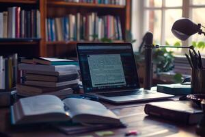 Student Desk with Laptop Mockup Open to Online Course Study Notes Background photo