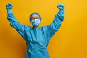 Medical Surgeon Celebrates Operation Success with Team in Scrubs and Mask photo