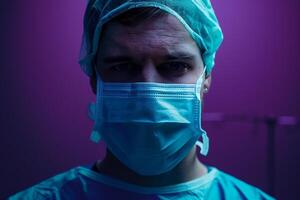 Surgeon in Scrubs and Mask Celebrating Operation Success with Medical Background photo