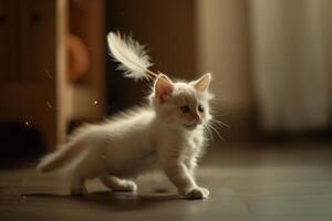 White Kitten Chasing Feather Wand Toy with Enthusiasm photo