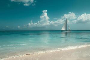 Island Beach with Turquoise Waters and Sailboat in Peaceful photo