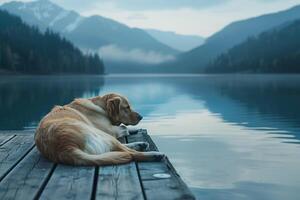 Peaceful dog resting on a dock with a panoramic of a tranquil lake and distant mountains photo