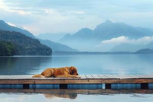 Tranquil  of a dog lounging on a dock by a lake with panoramic mountains background photo