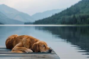 Dog enjoying a quiet moment on a dock with a stunning lake and distant mountains background photo