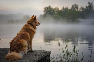 Tranquil dog enjoying a misty lakeside  with a calm background and morning fog photo