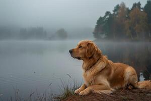 Tranquil dog enjoying a misty lakeside with gentle morning mist and a peaceful background photo