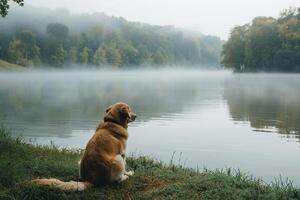 Dog relaxing by a serene lake with mist rising and a tranquil background for peaceful moments photo