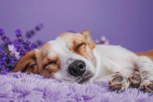 Cozy dog lying on a lavender background enjoying a serene and comfortable environment photo