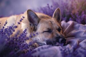 Dog comfortably resting on a lavender background enjoying a serene and tranquil atmosphere photo