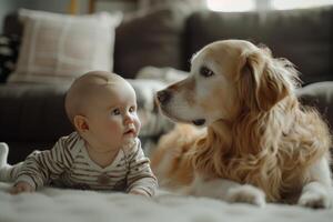 Baby with Family Pet Loving and Joyful Interaction photo