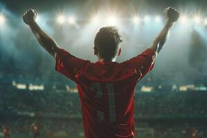 Soccer Player Celebrating Goal with Empty Stands Low Perspective photo