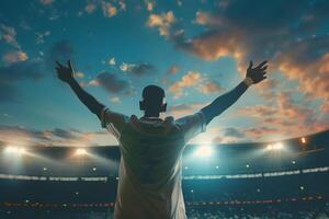 Soccer Player Celebrating Goal with Empty Stands Low Angle photo