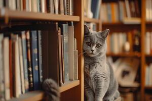 Regal British Shorthair cat perched on a bookshelf observing the room with a noble demeanor background photo