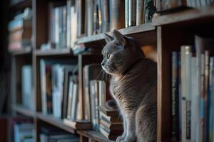 British Shorthair cat on a bookshelf observing with a regal pose adding a touch of elegance to the room background photo