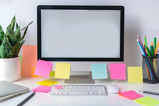 white desk featuring a computer mockup with surrounding sticky notes ideal for digital projects and planning background photo