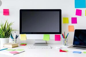 White desk with computer mockup sticky notes and a cup of coffee perfect for  work and breaks background photo