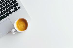 Computer mockup on a white desk with sticky notes and coffee cup perfect for a  and efficient workspace background photo