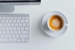 White desk featuring computer mockup sticky notes and a coffee cup perfect for a productive and  workspace background photo