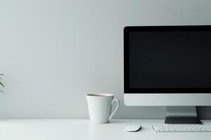 Computer mockup on a white desk with sticky notes and coffee cup ideal for a stylish and functional office space background photo