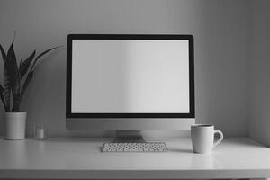 Computer mockup with coffee cup and sticky notes on a white desk ideal for an organized and stylish workspace background photo