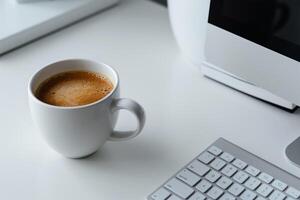 White desk featuring a computer mockup sticky notes and coffee cup perfect for a  and  office environment background photo