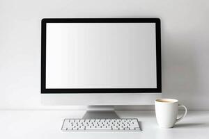 Computer Mockup on White Desk with Coffee Cup    and  Workspace Background photo