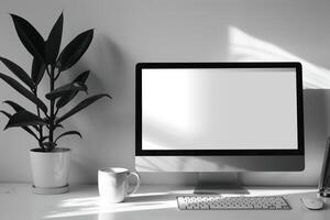 Computer mockup with sticky notes and coffee cup on a white desk showcasing a  and functional workspace background photo