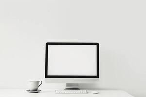 White desk featuring computer mockup sticky notes and coffee cup ideal for a productive and  office environment background photo