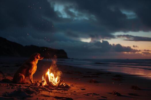perro relajante por un playa hoguera debajo un estrellado noche cielo para un acogedor noche foto