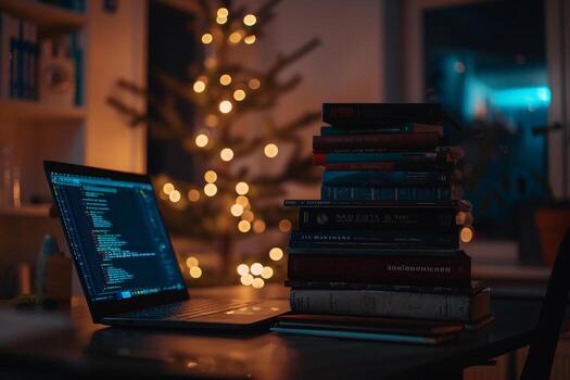 Programmers Desk with Laptop and Coding Books    and Organized Background photo