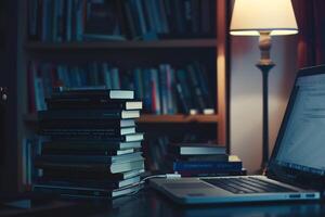 Programmers Desk with Laptop and Coding Books for Productive Work Background photo