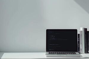 Laptop Mockup with Coding Books for Professional Setup Background photo
