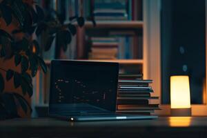 Programmers Desk with Laptop and Coding Books    and Professional Background photo
