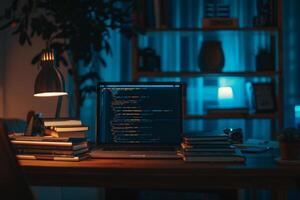 Programmers Desk with Laptop and Coding Books for Tech Work Background photo