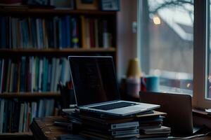 Programmers Desk Setup with Laptop Coding Books and Workspace Background photo