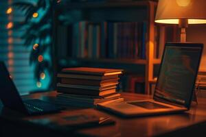 Programmers Desk with Laptop and Coding Books in Tech Setup Background photo