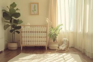 Baby in a nursery with contemporary lines and design patterns photo
