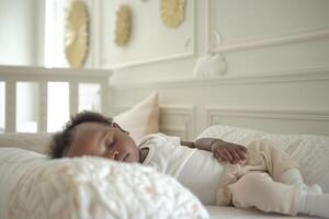 Baby in a nursery with stylish lines and  design elements photo