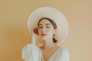 Model in a refined desktop setup outfit featuring a beige background photo