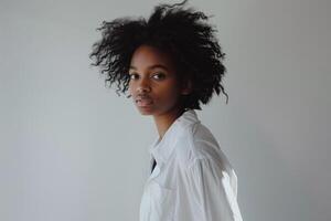 Model interacting with desktop setup background photo