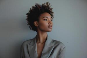 Model at desk with desktop setup background photo