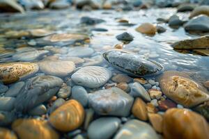 Smooth pebble textures on a riverbed with flowing water photo