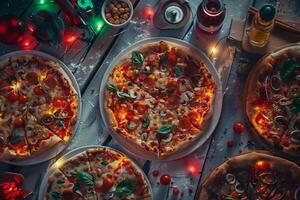Lively Pizza Party with a Range of Pizzas and Festive Toppings on a Joyful Table photo
