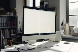 Research Computer Mockup Background on white desk with papers photo