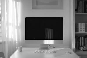 Tech Research Computer Mockup Background with papers on white desk photo
