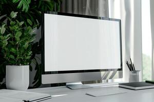 Academic Computer Mockup Background with papers on white desk photo