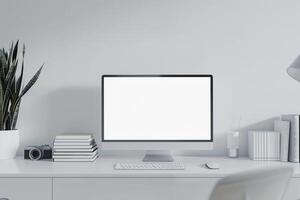 Research ed Computer Mockup Background with books on  white desk photo
